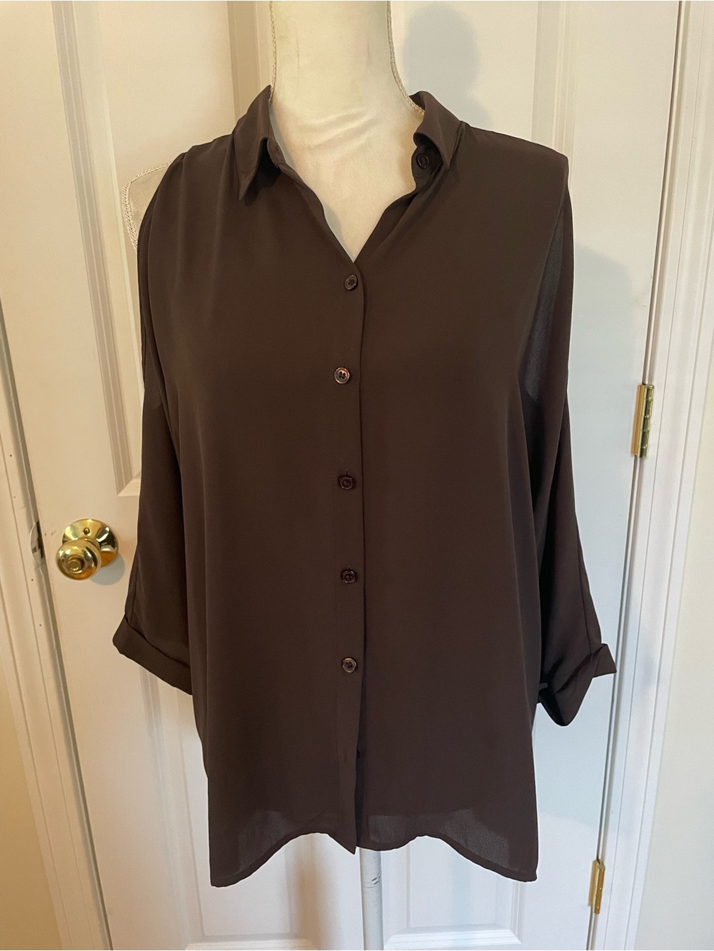 Chico's Dark Brown Lightweight Button-Down Shirt with peekaboo shoulders L